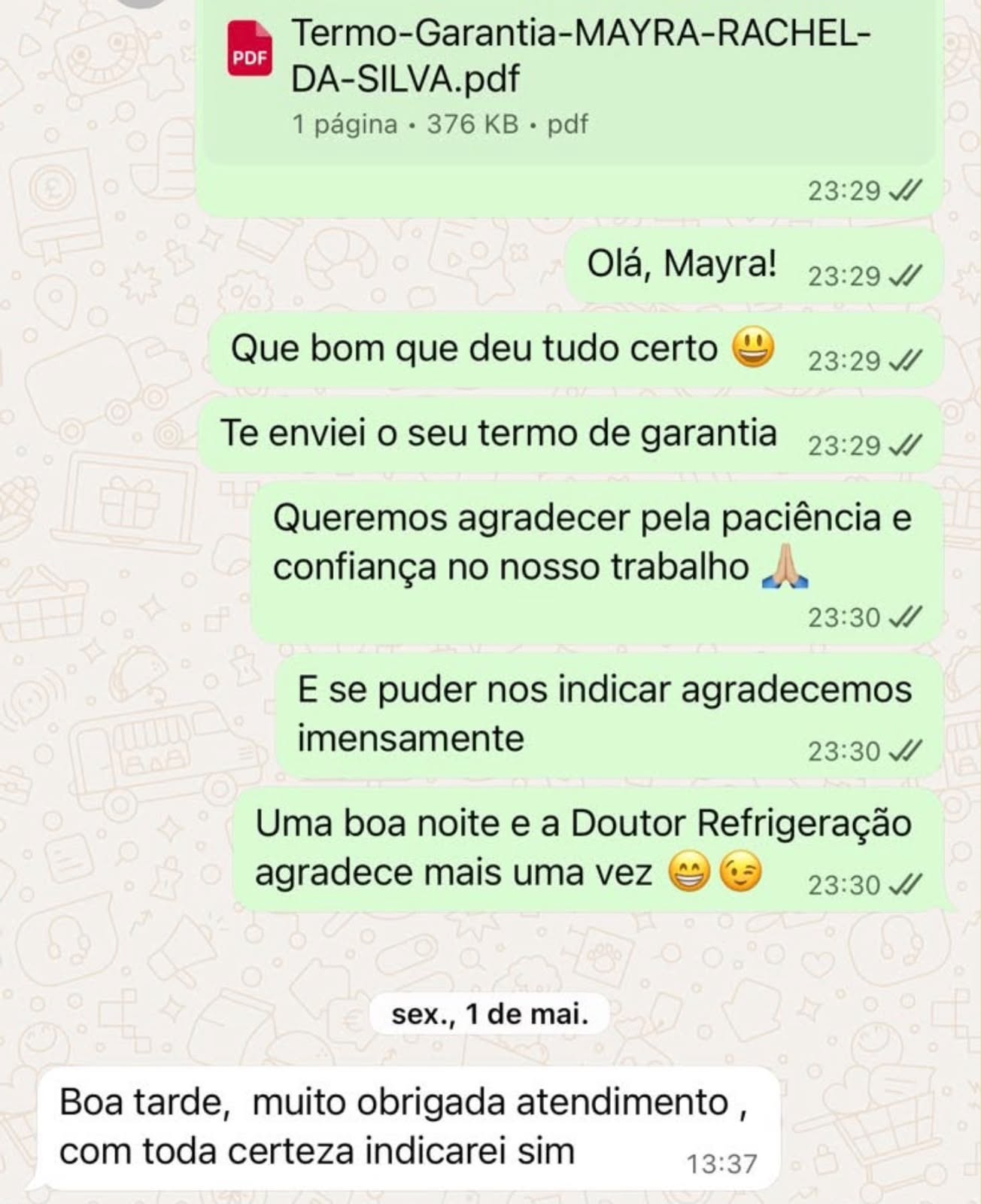 Avaliação de Mayra Rachel enviada por WhatsApp