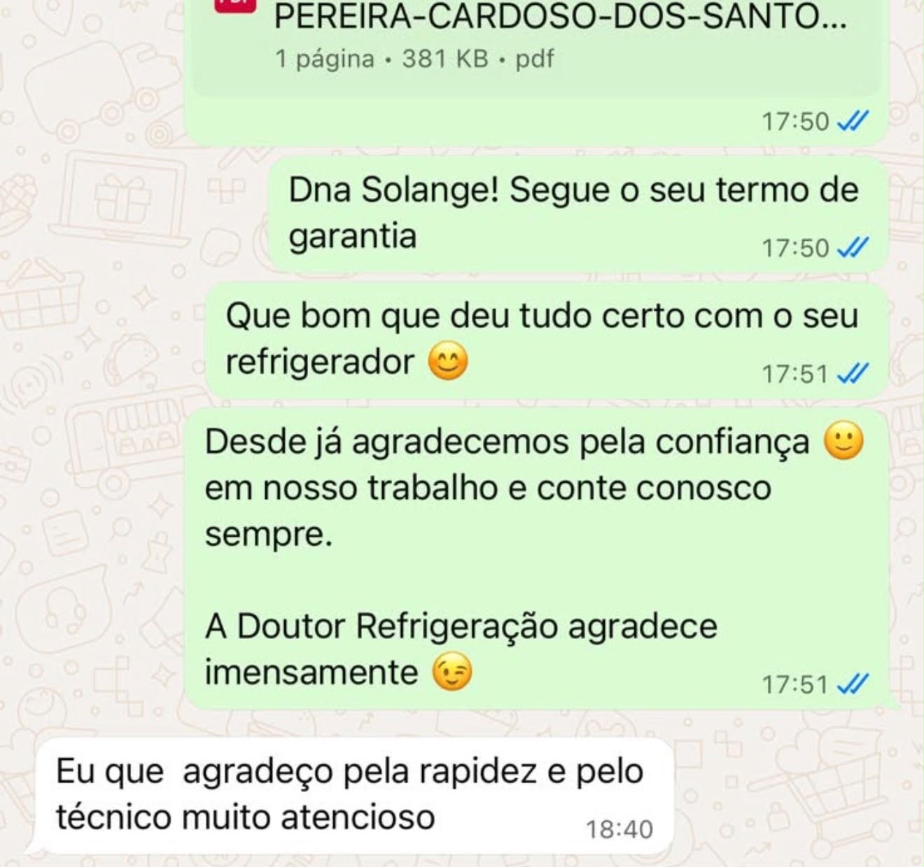 Avaliação de Solange enviada por WhatsApp