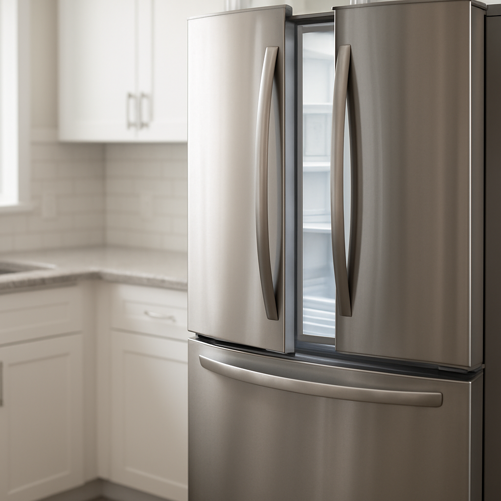 Geladeira Samsung inox aberta em uma cozinha moderna