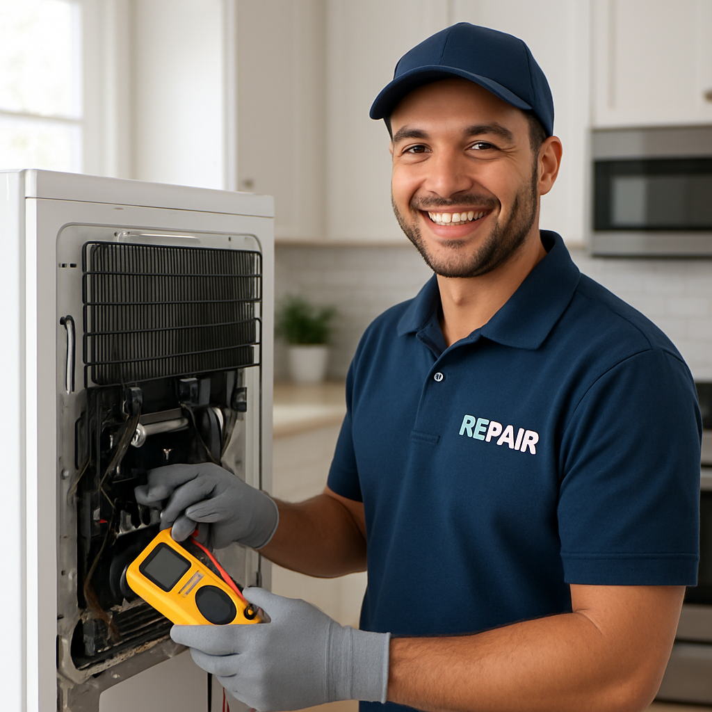 Técnico verificando a borracha de vedação da geladeira